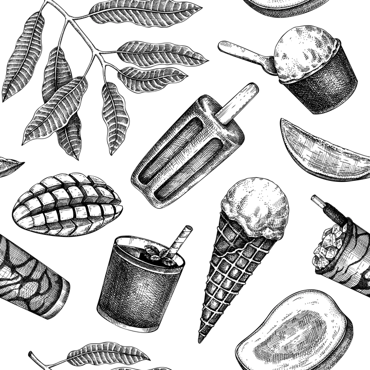 Summer party background. Tropical seamless pattern. Mango, ice cream, fruit, cocktail sketches. Hand drawn vector illustration. Summer food and drinks design.
